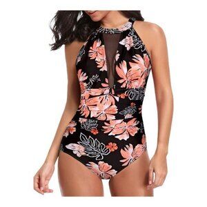 Women's Black & Orange Mesh V-Neck Monokini Swimsuit Size Medium NWT #1928